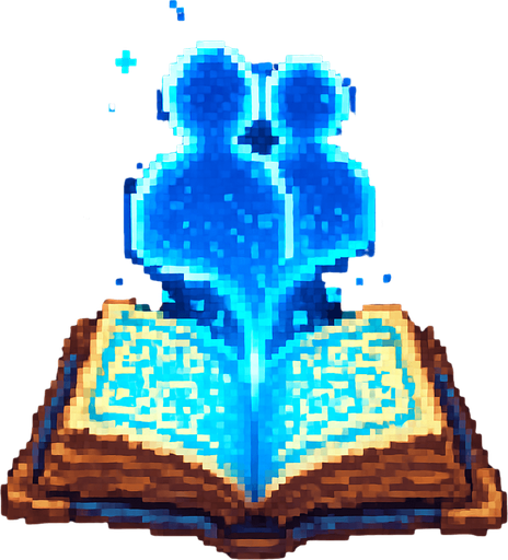 "2D pixel art of a glowing blue clone symbol emerging from an open magical book. The book is ancient, with worn leather covers and glowing runes on its pages. The clone symbol appears to float above the book, made of shimmering blue magical energy, slightly transparent and radiating light. The symbol has a mirrored silhouette or double shape to suggest duplication or cloning. The style is fantasy-themed, suitable for a magic RPG icon or visual effect. Lighting is soft but magical, with a focus on the glowing blue symbol. Classic 16-bit pixel art style. Transparent background.".
In-Game asset.  2d.  High contrast.  No shadows