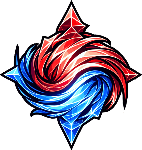 Two different colored streams of energy (e.g., red and blue) flowing and swirling together in the center. Could also be a crystal icon split into two distinct colors..
Single Game Texture.  In-Game asset.  2d.  Blank background.  High contrast.  No shadows