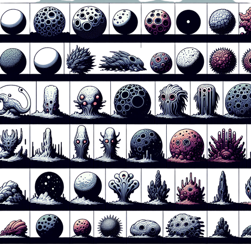 A spritesheet of various planets that are enemy characters or obstacles in a space game. laid out in a grid with blank space between them..
Single Game Texture. In-Game asset. 2d. Blank background. High contrast. No shadows.