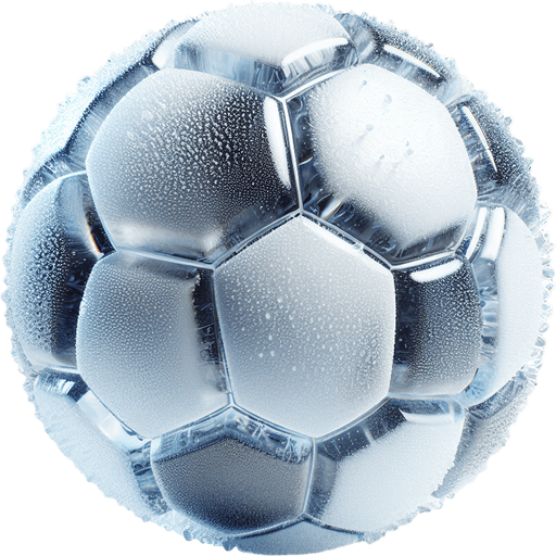 pelota de futbol hecha de hielo.
Single Game Texture.  In-Game asset.  2d.  Blank background.  High contrast.  No shadows