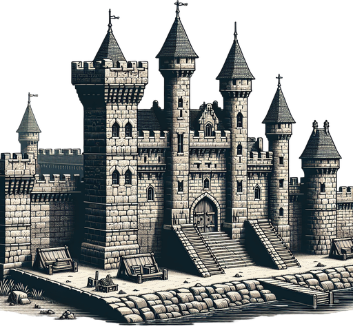 eski bir orta çağ kalesi.
Single Game Texture.  In-Game asset.  2d.  Blank background.  High contrast.  No shadows