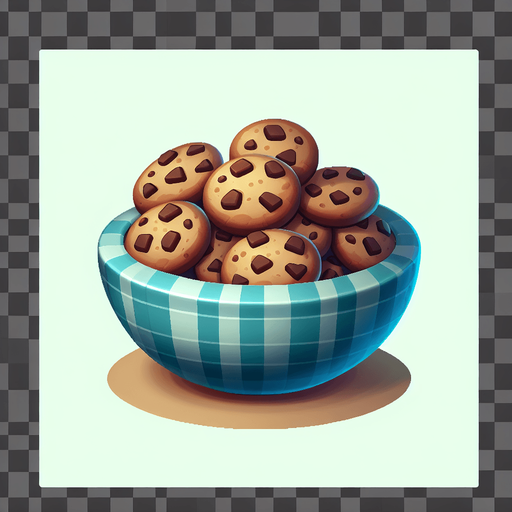 a bowl of cookies.
Single Game Texture. In-Game asset. 2d. Blank background. High contrast. No shadows.
