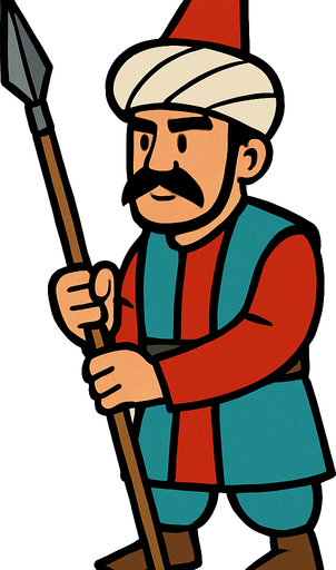 Animasyon çizgi dizi tarzında bir Osmanlı mızrakçısı.
In-Game asset.  2d.  High contrast.  No shadows