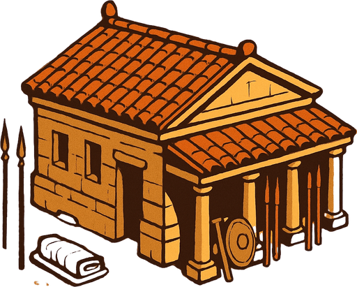 Anciet world barracks, no words.
In-Game asset.  2d.  High contrast.  No shadows