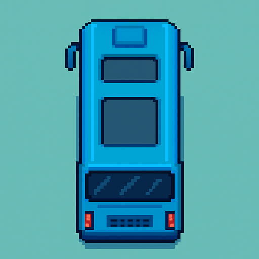 Pixel art mavi otobüs kuş bakışı.
In-Game asset.  2d.  High contrast.  No shadows