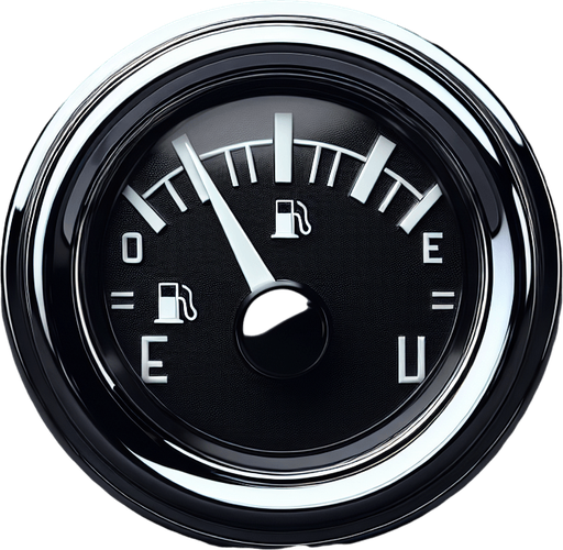 Black fuelindicator no-gauge, with chrome round frame, white levelindicators, front view.