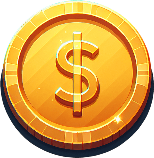 One gold coin.
Single Game Texture.  In-Game asset.  2d.  Blank background.  High contrast.  No shadows