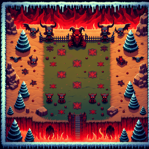 16 bit top view background of a christmas field set in hell Single Game Texture. In-Game asset. 2d. Blank background. High contrast. No shadows.