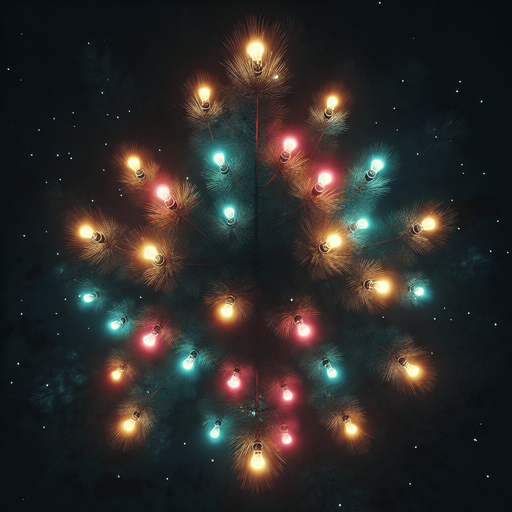 Photorealistic pine tree in night light with color lightbulbs, top view