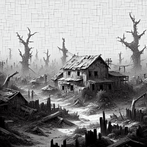 zombie epidemic abaounded place.
Single Game Texture. In-Game asset. 2d. Blank background. High contrast. No shadows.