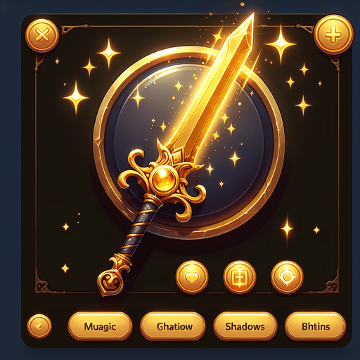 Golden glittery magic sword button..
Single Game Texture. In-Game asset. 2d. Blank background. High contrast. No shadows.
