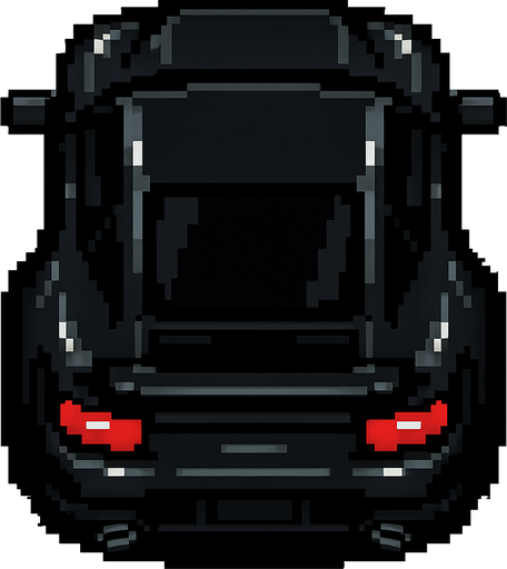 un auto negro deportivo hecho con pixeles con la perspectiva desde arriba y trasera.
In-Game asset.  2d.  High contrast.  No shadows