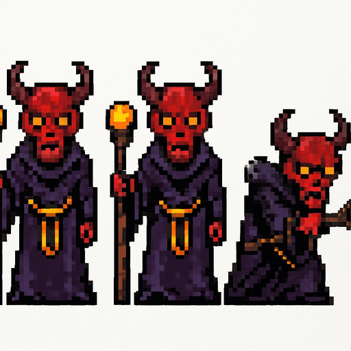 A sprite sheet for grotesque demonic sorcerer with a staff. Two walking sprites with alternating legs and one attack sprite where the staff is lowered and aimed to shoot a spell. Straight on front view. Retro pixelated art.. white background
In-Game asset.  2d.  High contrast.  No shadows
