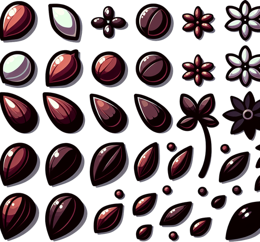 A sprite sheet of seeds. Cartoon..
Single Game Texture. In-Game asset. 2d. Blank background. High contrast. No shadows.