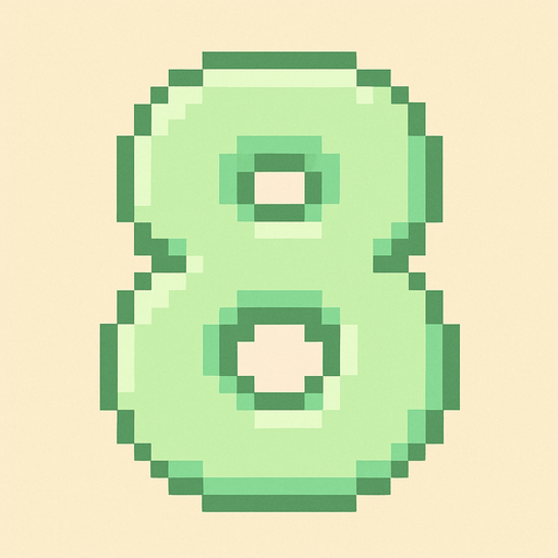 A pixel art number "8" designed for a cozy, cute retro 2D game UI with a bird theme. The number is rendered in soft pastel light green tones to harmonize with the gentle and sweet aesthetic of the game. It has a clean, simple, and rounded pixel style with no harsh edges, fitting perfectly within the pixel art UI style. The number is bold and easily readable at small sizes..
In-Game asset.  2d.  High contrast.  No shadows. pixel art. retro. 2d ui. number. pastel light green. simple. rounded edges. bold. cute. minimal