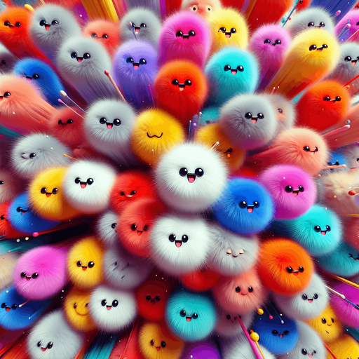 high definition, with lots of soft colorful fluffy fur balls. happy cartoon faces. exploding from middle of screen. No words