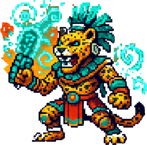 Generame un jaguar guerrero con efectos de energia estilo magico, pixelar, con ambientacion azteca.
In-Game asset.  2d.  High contrast.  No shadows