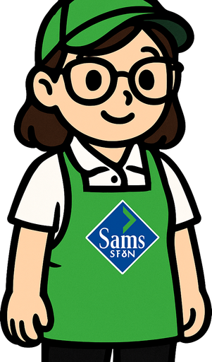 Es una trabajadora de sams club, tierna bonita de lentes con gorra verde y mandil verde, playera polo blanca y pantalon negro.
In-Game asset.  High contrast.  No shadows