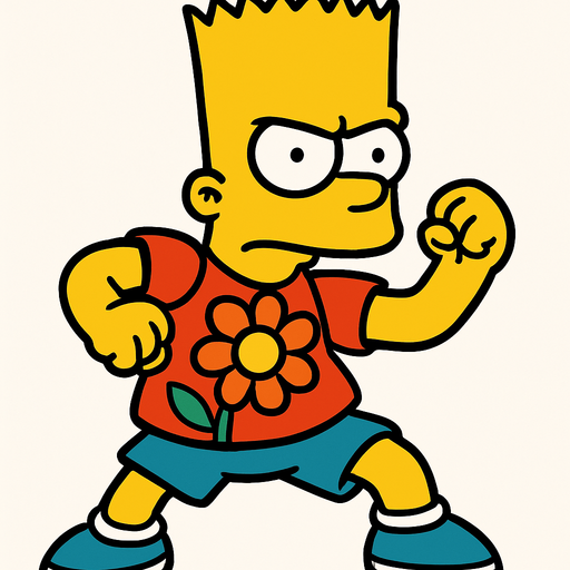 Bart in a fighting pose with a flower's head in his shirt.
In-Game asset.  2d.  High contrast.  No shadows