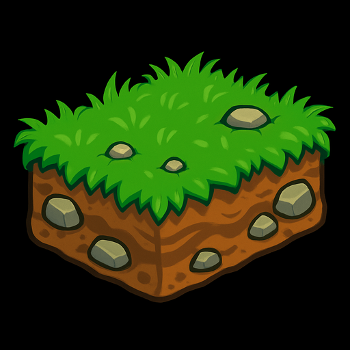 Cesped en forma de rectangulo como con el pasto arriba tierra y algunas rocas irregulares.
In-Game asset.  2d.  High contrast.  No shadows