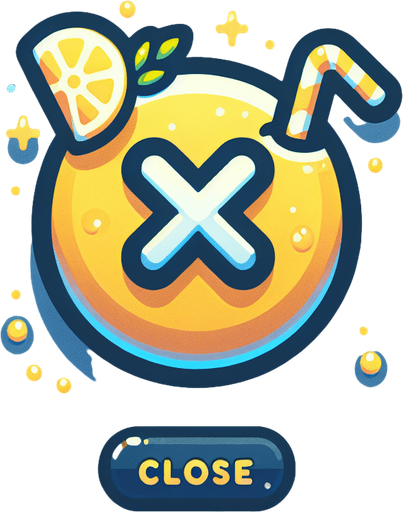 A close button for an ingame shop in a light, lemonade and drinks inspired summer theme. The close button should have an X-icon to indicate that it closes the shop window..
Single Game Texture. In-Game asset. 2d. Blank background. High contrast. No shadows.
