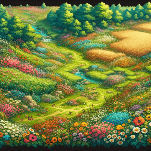 A beautiful meadow in summer, seen in perspective from a low altitude plane..
Single Game Texture. In-Game asset. 2d. Blank background. High contrast. No shadows.