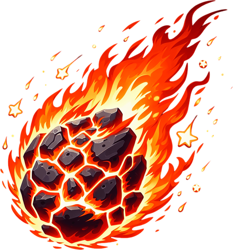 Метеорит объятый пламенем, без фона.
Single Game Texture. In-Game asset. 2d. Blank background. High contrast. No shadows.