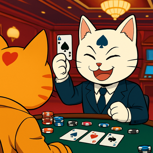 16:9 App Store banner with these two cats playing cards across the table from each other.  View is over the left shoulder of the orange cat towards the white cat, who is holding a card in the air with two fingers and looking triumphant. Poker chips are scattered across the table.
