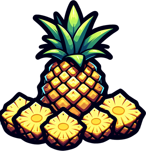 A pineapple with a few slices of pineapple in front.
Single Game Texture. In-Game asset. 2d. Blank background. High contrast. No shadows.