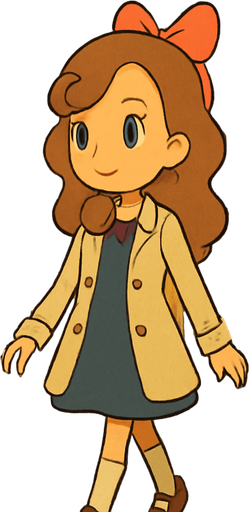 Generate a detailed and vivid description of a scene depicted in the visual style characteristic of Professor Layton games, focusing on a young girl walking down a city street. Capture the unique art style elements such as warm color palettes, cel-shaded animation, distinctive character design with soft lines and expressive eyes, and the semi-realistic yet whimsical environment. Include the atmosphere of the city street, describing architectural features, background elements like lampposts, shop signs, and the bustling yet charming ambiance, as seen in Professor Layton games. Avoid photographic realism; emphasize stylized, hand-drawn, and storybook-like qualities..
In-Game asset.  2d.  High contrast.  No shadows