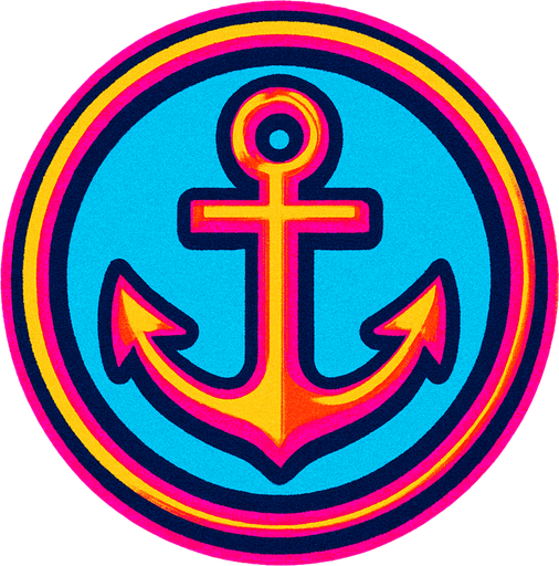 A round button with an embossed edge with an anchor in the center. 80s arcade machine graphics..
In-Game asset.  2d.  High contrast.  No shadows