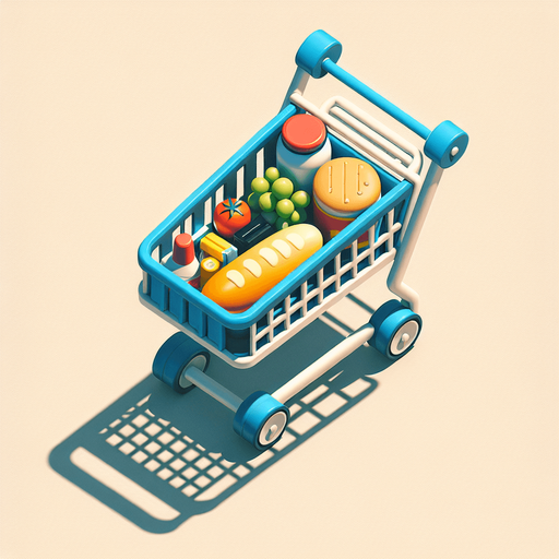 Top-down image of a shopping cart.
Single Game Texture.  In-Game asset.  2d.  Blank background.  High contrast.  No shadows
