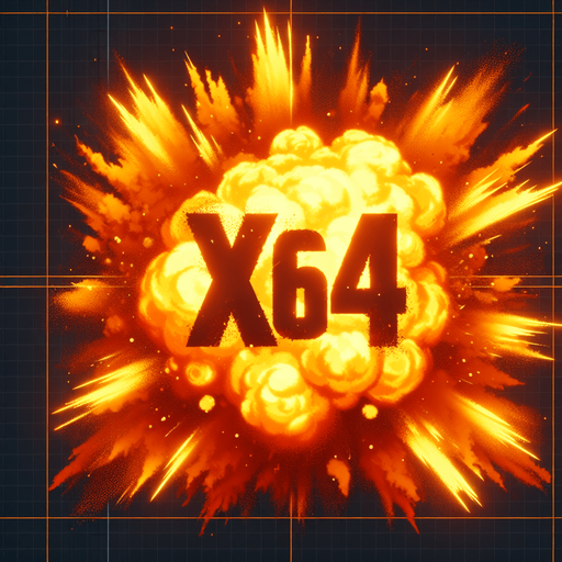 爆炸，里面有“X64”的字样,暖色调.
Single Game Texture. In-Game asset. 2d. Blank background. High contrast. No shadows.