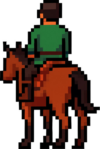 at üstünde olan pixel bir adam arkası dönük.
In-Game asset.  2d.  High contrast.  No shadows