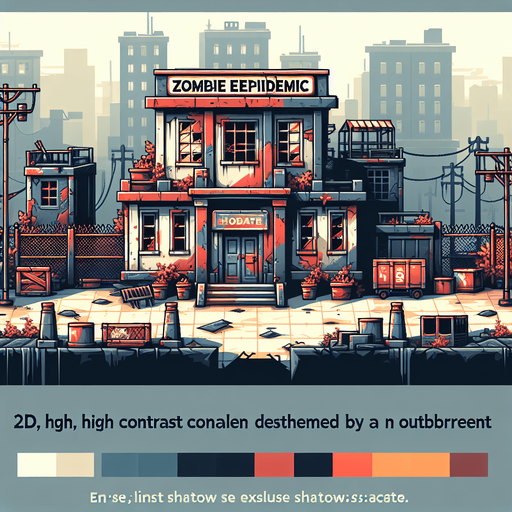 zombie epidemic abaounded place.
Single Game Texture. In-Game asset. 2d. Blank background. High contrast. No shadows.