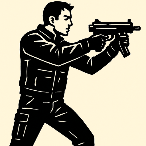 un motociclista vestido de negro apuntando con una smg de cuerpo completo con perspectiva lateral 
In-Game asset.  2d.  High contrast.  No shadows sin casco y sin moto