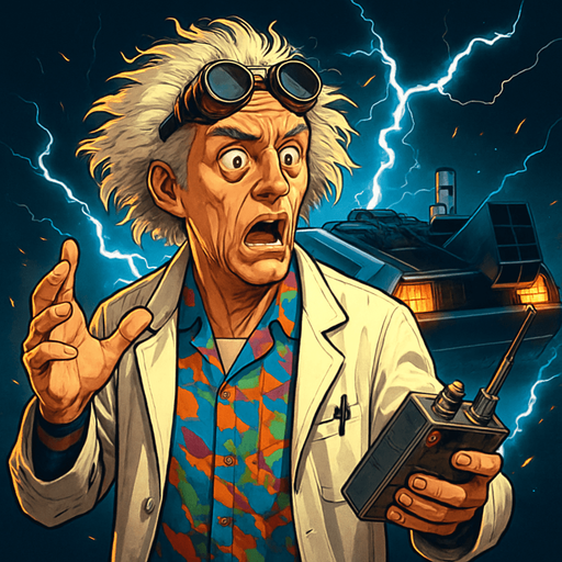 A realistic digital portrait of an eccentric elderly scientist with wild, white, frizzy hair and expressive eyebrows, wearing retro-futuristic goggles on his forehead, a white lab coat over a colorful 1980s shirt, and holding a futuristic remote control device. The background features a glowing DeLorean time machine with lightning and sparks. The character looks surprised and excited, with wide eyes and a dramatic pose. Cinematic lighting, hyper-detailed, 4K resolution, concept art style, inspired by 1980s sci-fi movies..
In-Game asset.  2d.  High contrast.  No shadows
