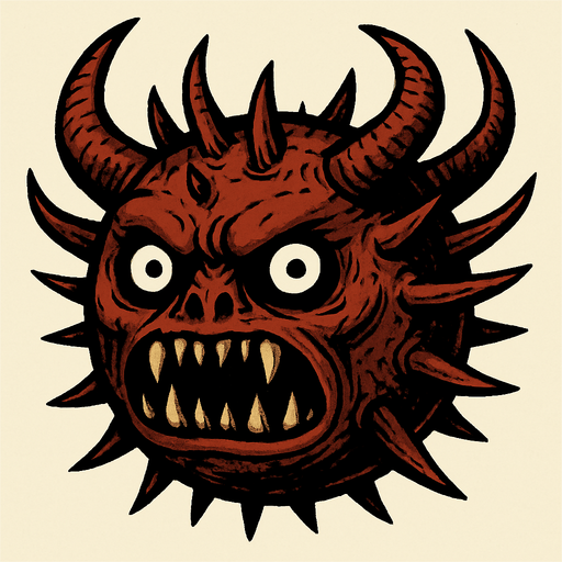 un demonio bola grande 2d y semi realista con muchos cuernos y que sus ojos sean negros con pupilas blancas.
In-Game asset.  2d.  High contrast.  No shadows