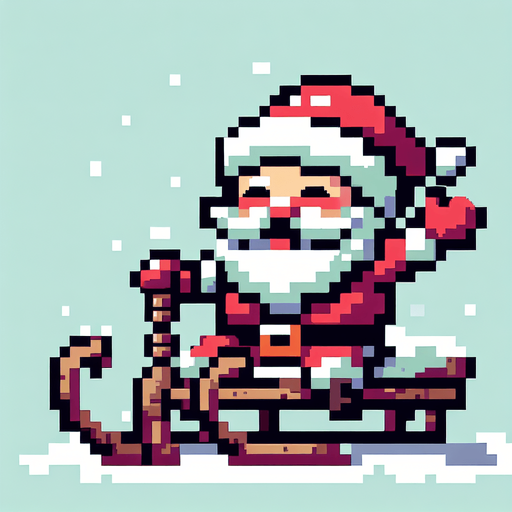 8-bit. cartoon. santa on sledge. smiling. in game asset. Single Game Texture. In-Game asset. 2d. Blank background. High contrast. No shadows.