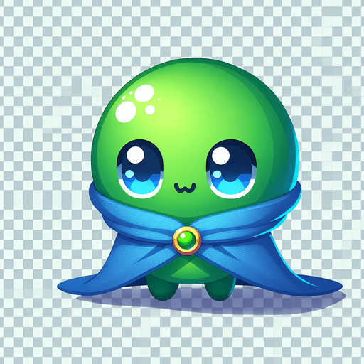 Uma bolinha verde dos olhos azuis fofo com uma capa azul fundo png 2d.
Single Game Texture. In-Game asset. 2d. Blank background. High contrast. No shadows.