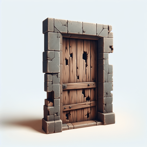 a crooked door with holes in it.
Single Game Texture. In-Game asset. 2d. Blank background. High contrast. No shadows.