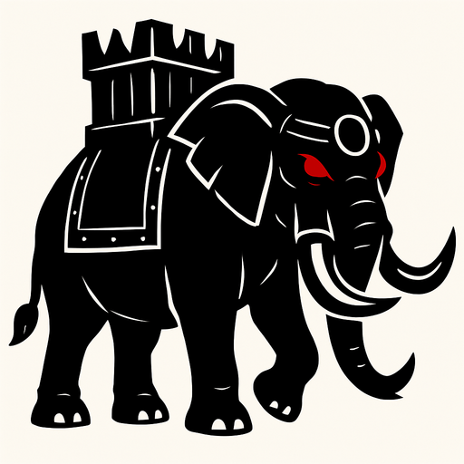 Black war elephant with red eyes.
In-Game asset.  2d.  High contrast.  No shadows