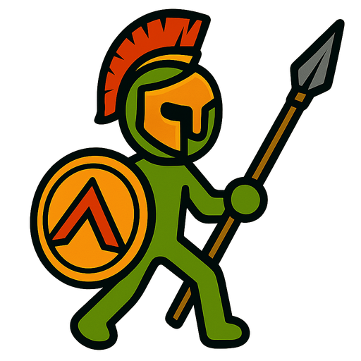 Green stickman with a Spartan helmet, Spartan shield and Spartan spear.
In-Game asset.  2d.  High contrast.  No shadows