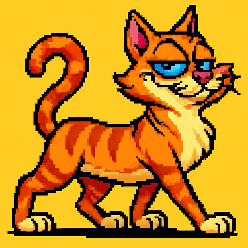 Gato con el estilo pixel art de earthworm jim mezcla con ren y stimpy, gracioso y soberbio pero adorable, caminando en cuatro patas, alto , visto de perfil, es un gato bellisimo de exposicion con pelaje suave y el lo sabe
In-Game asset.  2d.  High contrast.  No shadows