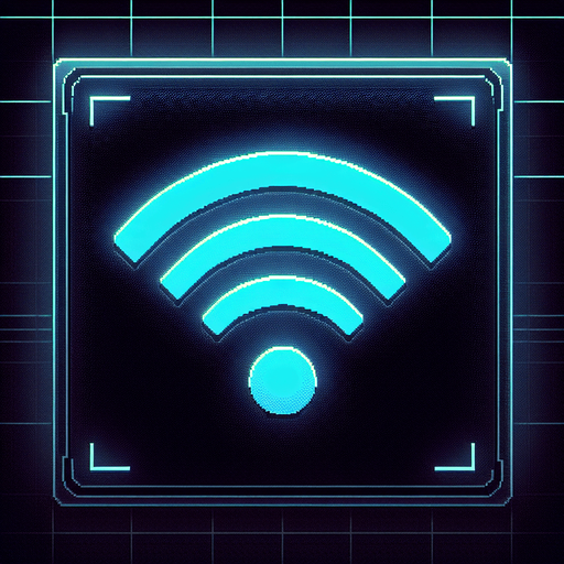 A minimalist UI website icon for a retro hacking app, representing a WiFi connection. The icon features a simple pixel-art style signal symbol with three curved bars radiating outward in blue, evoking a classic WiFi logo. The bars are cleanly rendered with subtle gradients for depth, while a soft neon blue glow surrounds the design to emphasize the cyberpunk aesthetic. The background is dark and minimal, with a faint grid pattern barely visible, aligning with the retro-futuristic theme. The overall design is clean, functional, and perfectly suited for a retro hacking interface.
Single Game Texture. In-Game asset. 2d. Blank background. High contrast. No shadows.