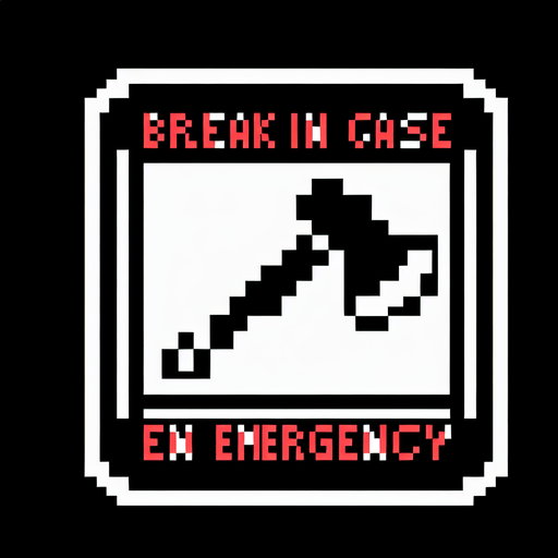 Break in case of emergency square. Ax drawing inside. simple. 8-bit. cartoon. blackand white..
Single Game Texture. In-Game asset. 2d. Blank background. High contrast. No shadows.