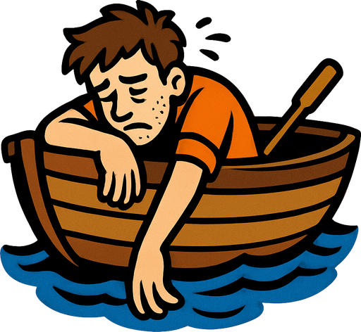 a boat and an exhausted man in it.
In-Game asset.  2d.  High contrast.  No shadows