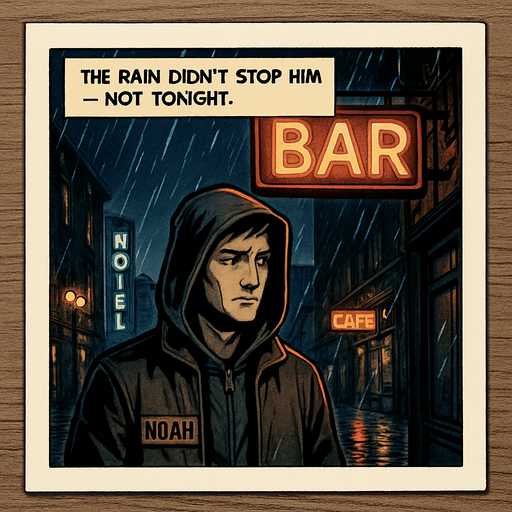 A comic panel styled like a square photo print with a clean white border. Realistic comic art. Scene: A rainy city street at night, neon signs reflecting on wet pavement, Noah stands under a flickering bar sign, hood up, looking uncertain. Narrator box at the top reads: “The rain didn’t stop him — not tonight.”.
In-Game asset.  2d.  High contrast.  No shadows