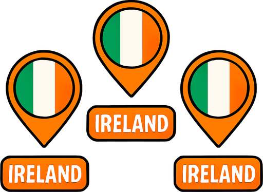 A flat, 2D game UI-style asset showing a vertical set of three country pins labeled: "ireland". Each pin includes a circular flag icon above the text label. The layout is columnar, cartoonish, and visually clean. Each pin should be exportable or usable individually for a mobile game's level selection screen..
In-Game asset.  2d.  High contrast.  No shadows