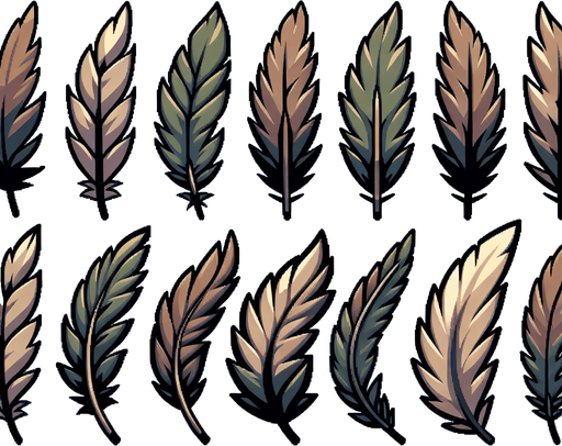 A sprite sheet of eagle feathers.
Single Game Texture. In-Game asset. 2d. Blank background. High contrast. No shadows.